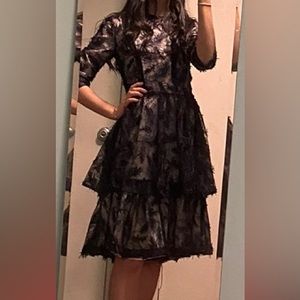 Impact NYC navy modest custom made fancy navy dress. Feather design with layers